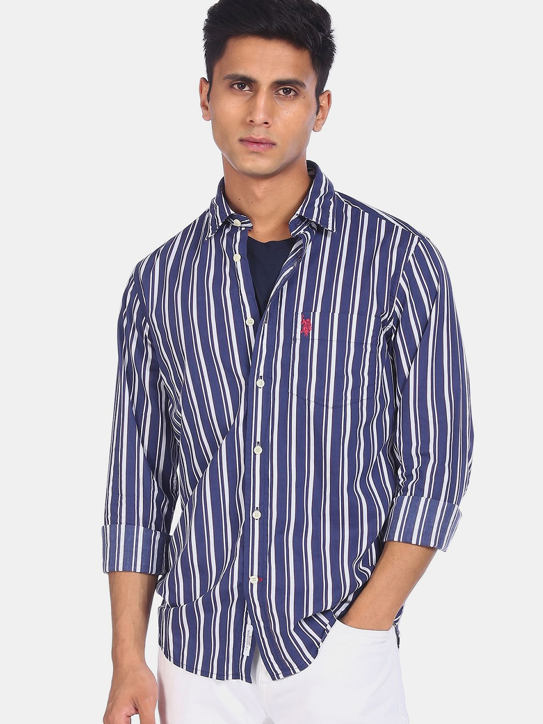 

U.S. Polo Assn. Men Navy Blue & White Regular Fit Striped Casual Shirt