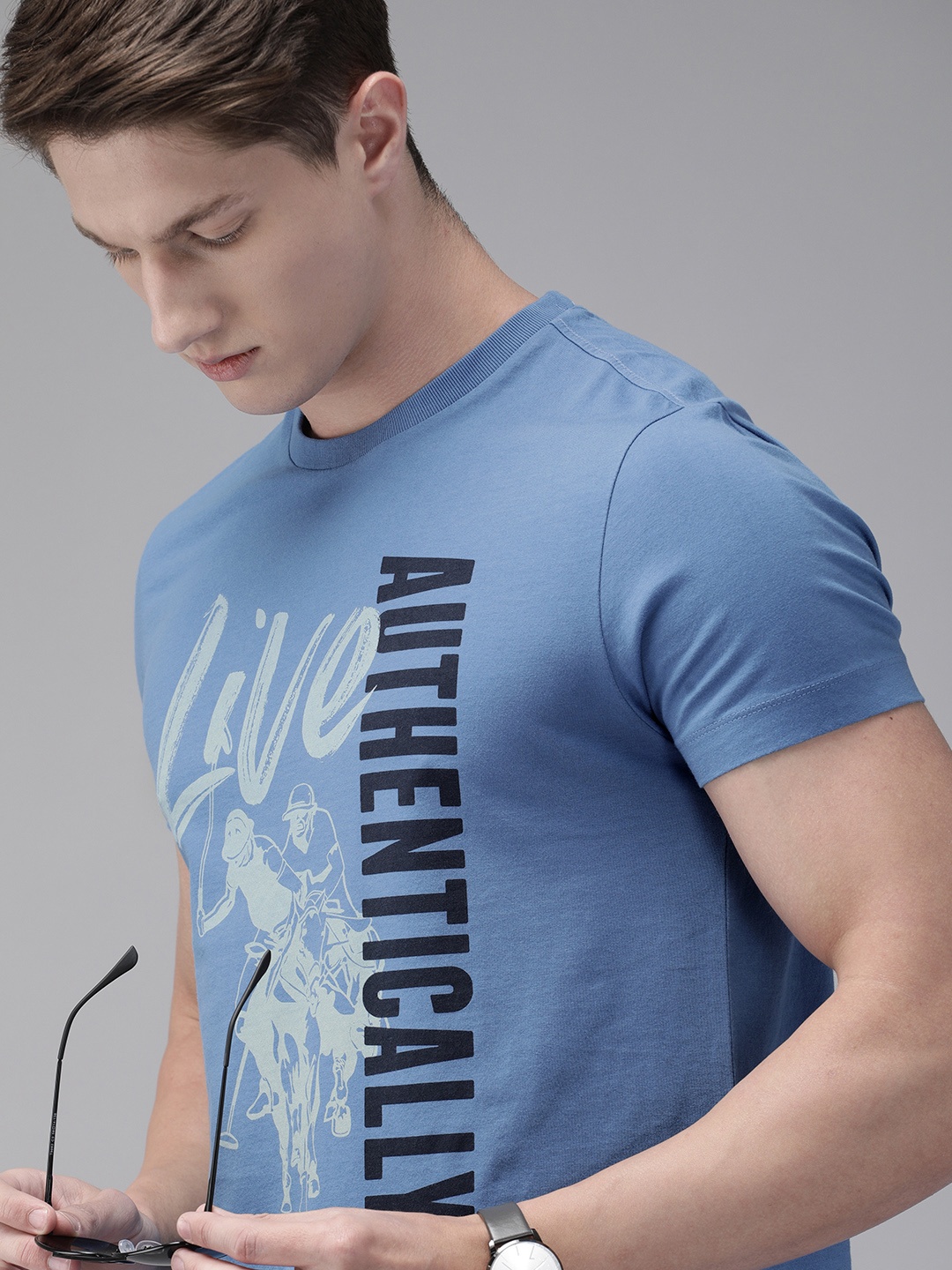 

U.S. Polo Assn. Denim Co. Men Blue Printed Round Neck Pure Cotton T-shirt