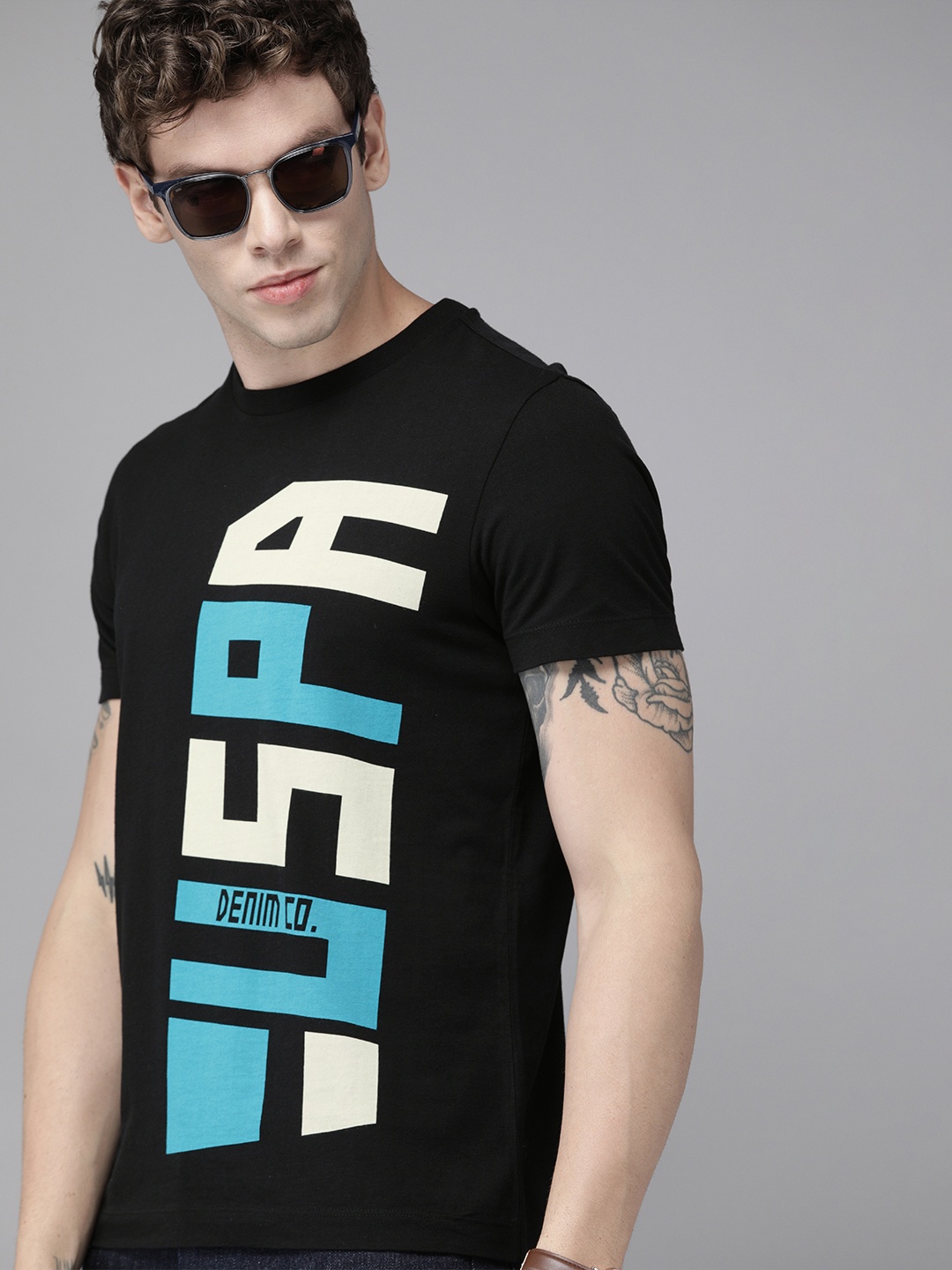 

U.S. Polo Assn. Denim Co. Men Black Printed Round Neck Pure Cotton T-shirt