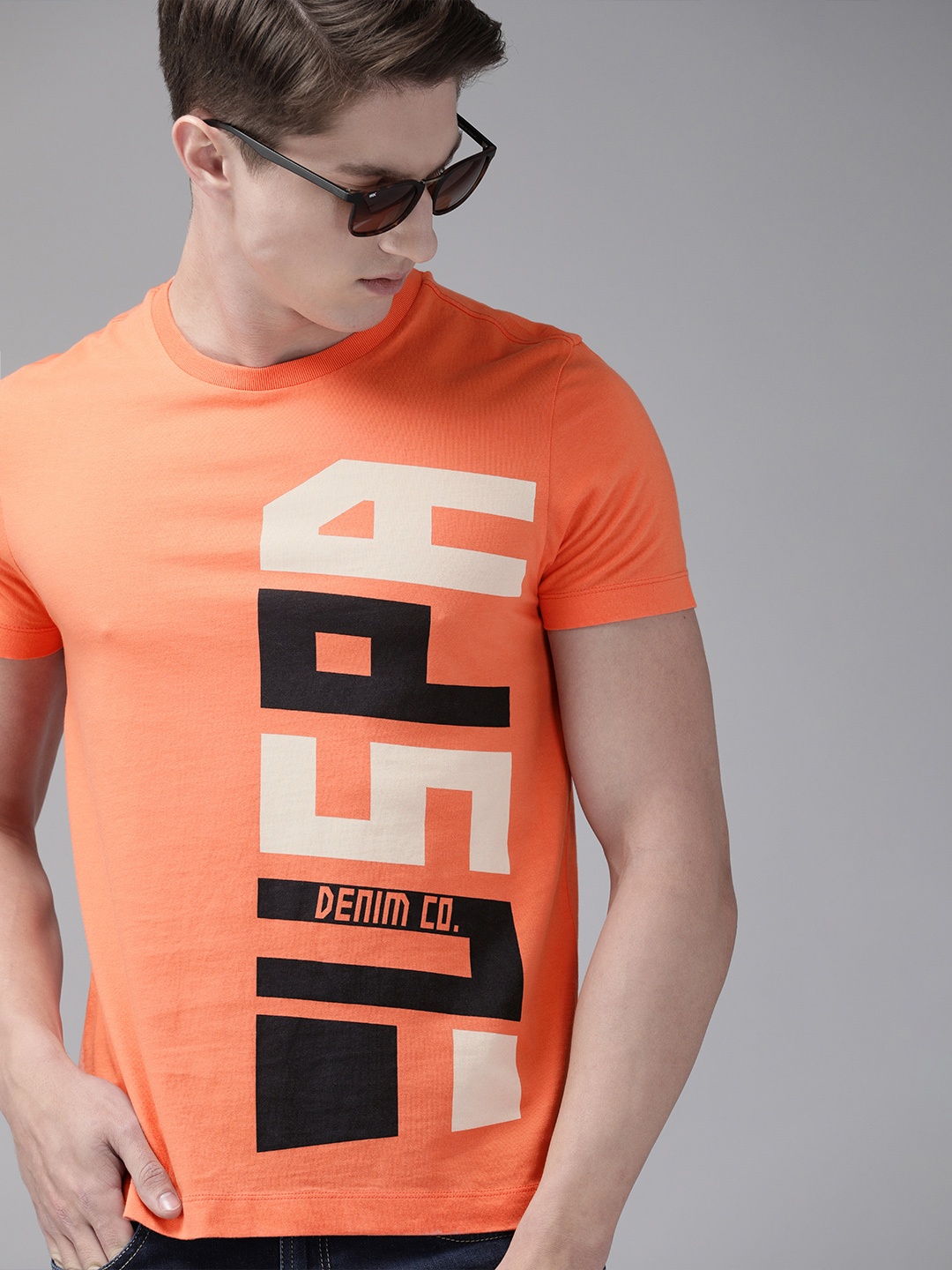 

U.S. Polo Assn. Denim Co. Men Coral Orange Printed Round Neck Pure Cotton T-shirt