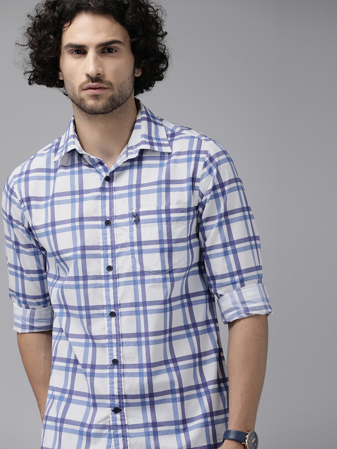 

U.S. Polo Assn. Men Blue & White Regular Fit Checked Casual Shirt