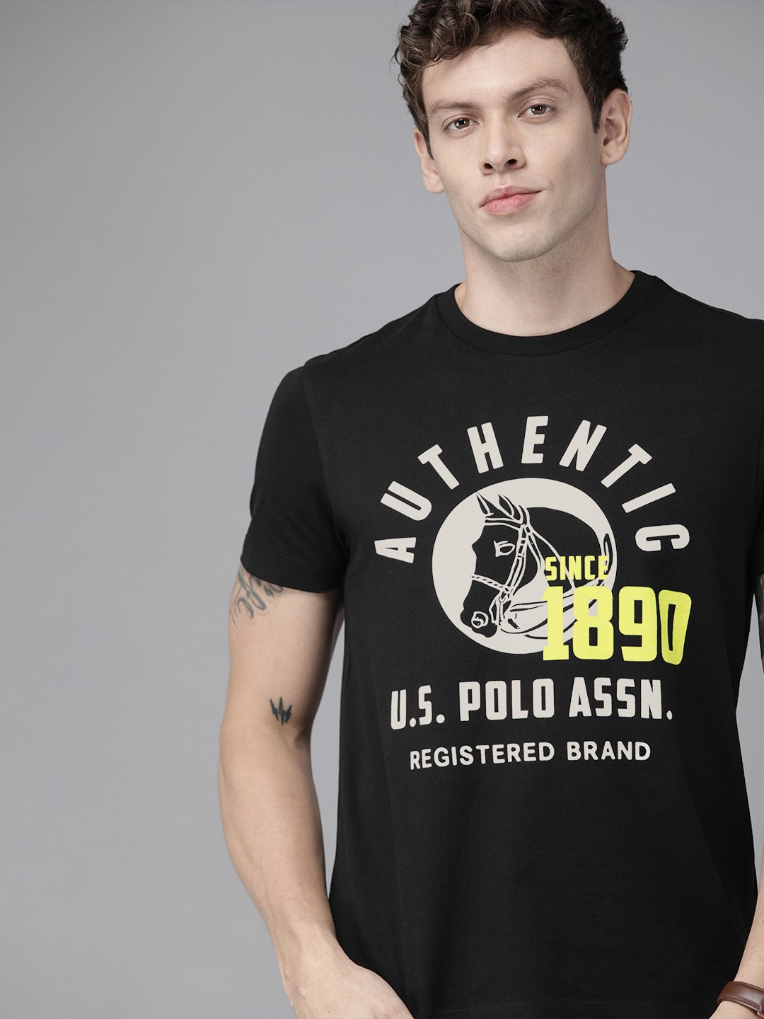 

U.S. Polo Assn. Denim Co. Men Black Printed Round Neck Pure Cotton T-shirt