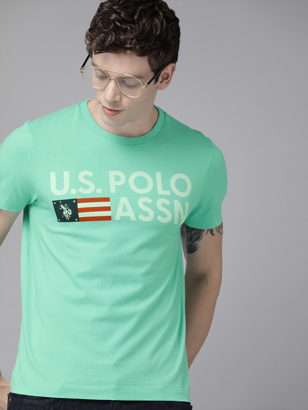 

U.S. Polo Assn. Denim Co. Men Sea Green Printed Round Neck Pure Cotton T-shirt