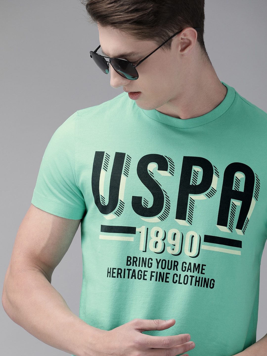 

U.S. Polo Assn. Denim Co. Men Green Printed Round Neck Pure Cotton T-shirt