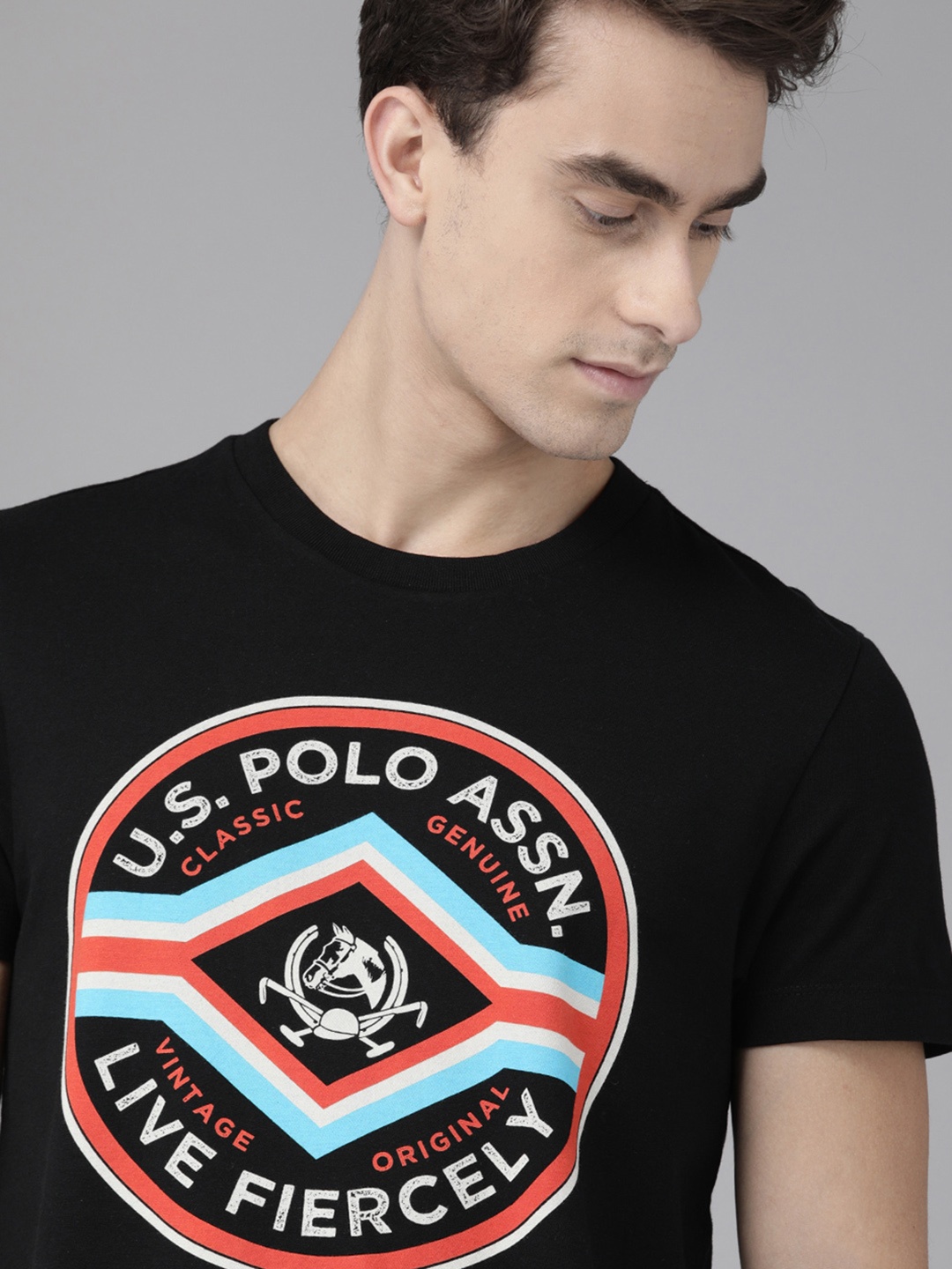 

U.S. Polo Assn. Denim Co. Men Black Printed Round Neck Pure Cotton T-shirt