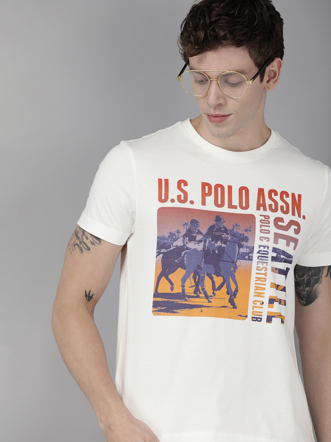 

U.S. Polo Assn. Denim Co. Men White Printed Round Neck Pure Cotton T-shirt
