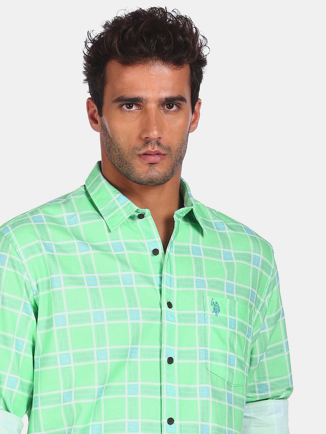 

U.S. Polo Assn. Men Green & Blue Tailored Fit Checked Casual Shirt