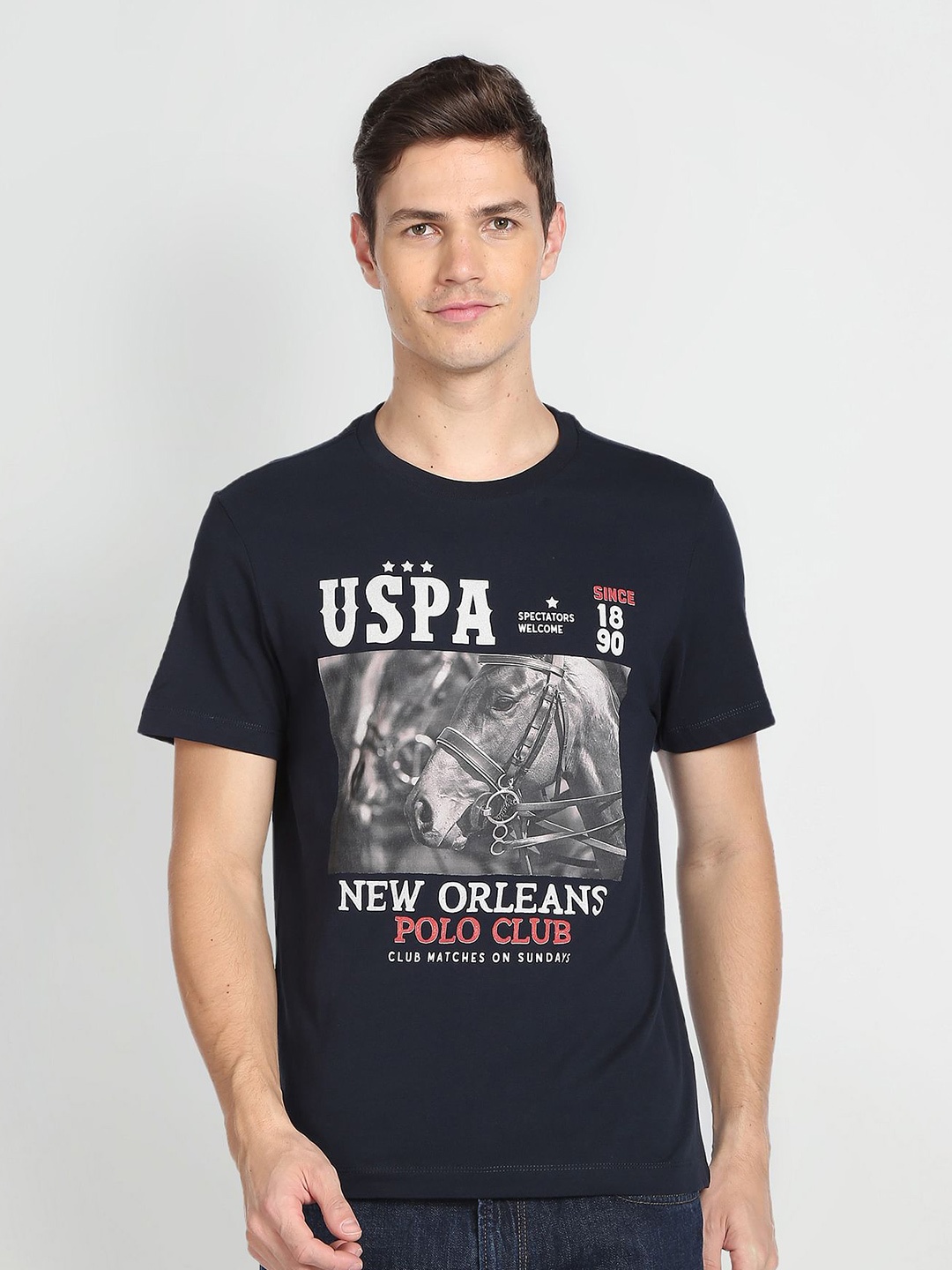 

U.S. Polo Assn. Denim Co. Men Navy Blue White Printed Round Neck Pure Cotton T-shirt