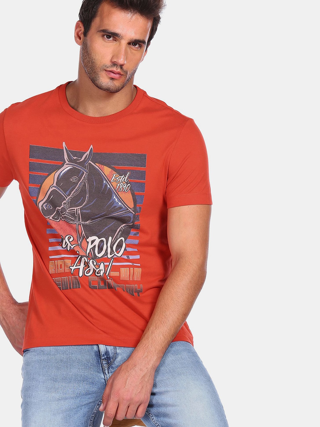

U S Polo Assn Denim Co Men Red Graphic Printed Pure Cotton T-shirt