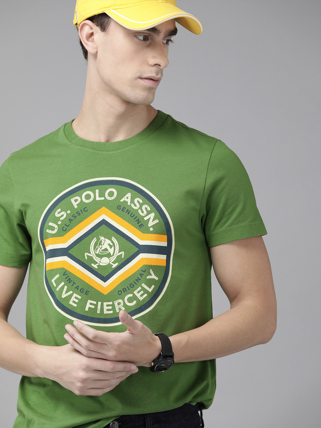 

U.S. Polo Assn. Denim Co. Men Green Printed Round Neck Pure Cotton T-shirt