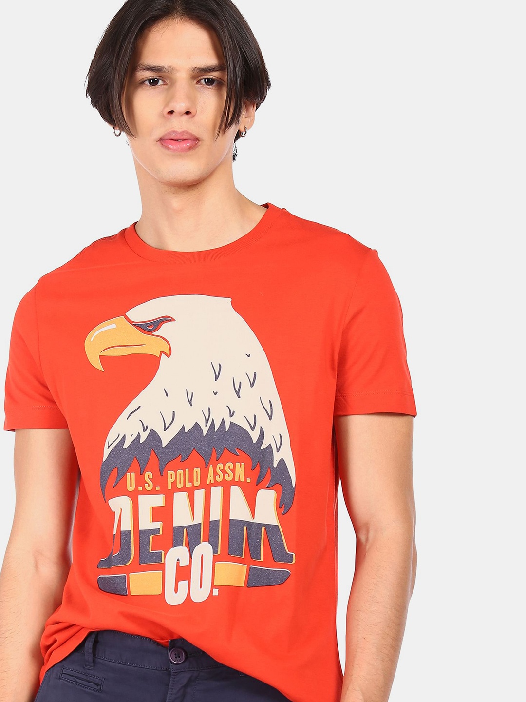 

U.S. Polo Assn. Denim Co. Men Red Off-White Printed Round Neck Pure Cotton T-shirt