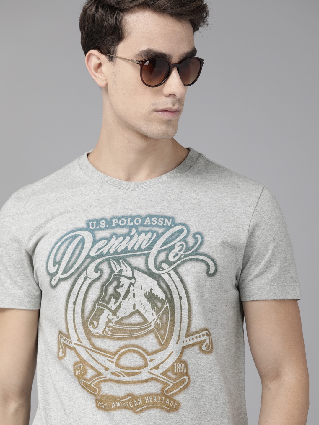 

U.S. Polo Assn. Denim Co. Men Grey Printed Round Neck Pure Cotton T-shirt