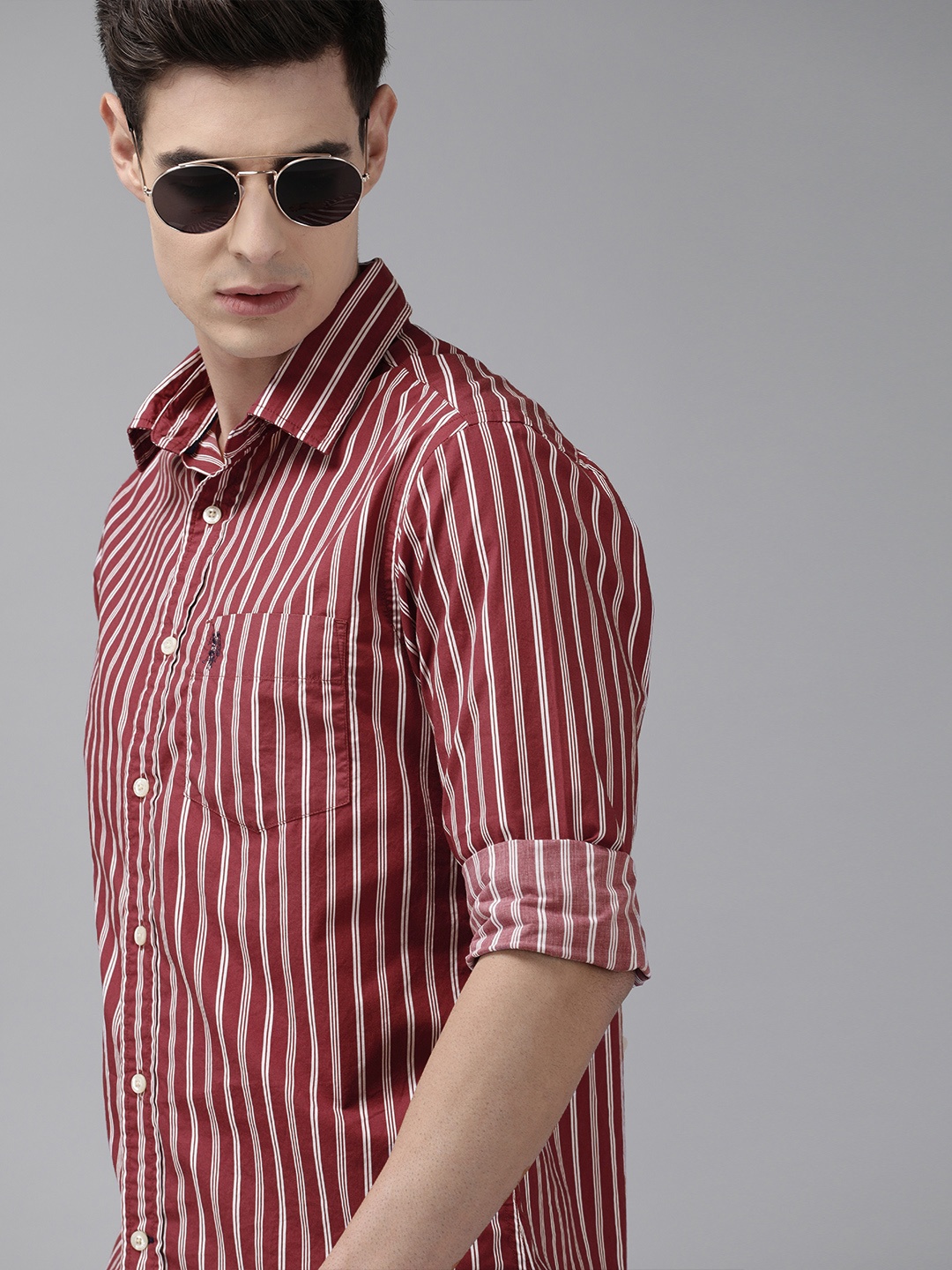 

U.S. Polo Assn. Men Maroon & White Tailored Fit Striped Casual Shirt