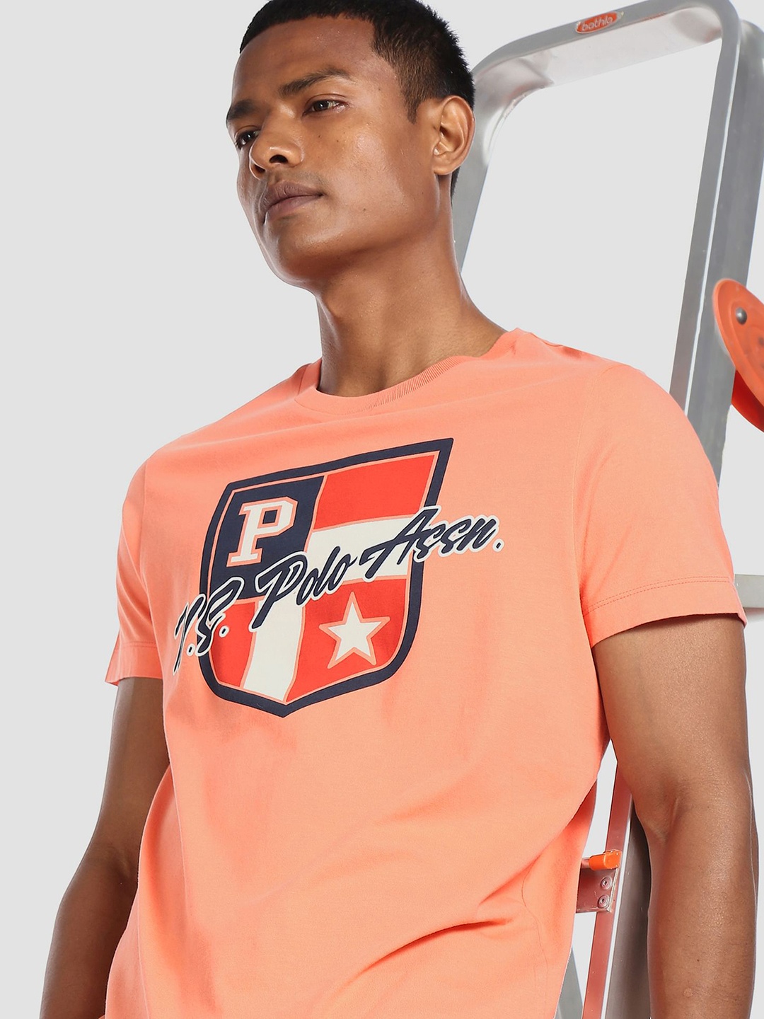 

U.S. Polo Assn. Denim Co. Men Coral Printed Round Neck Cotton T-shirt