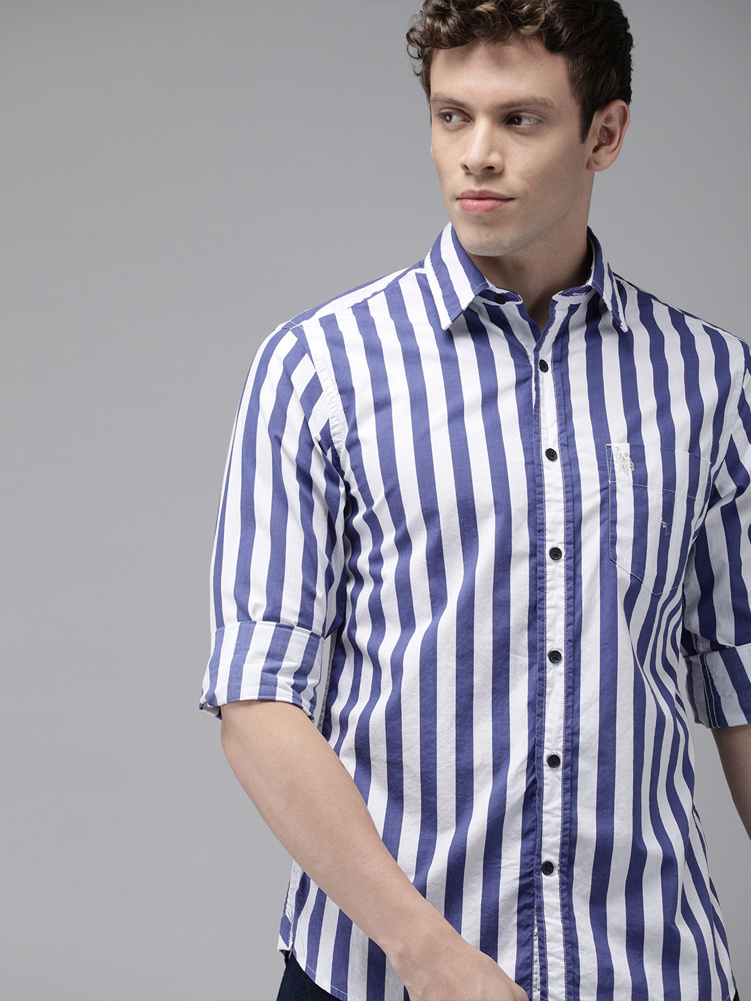 

U.S. Polo Assn. Men White & Navy Blue Tailored Fit Striped Casual Shirt