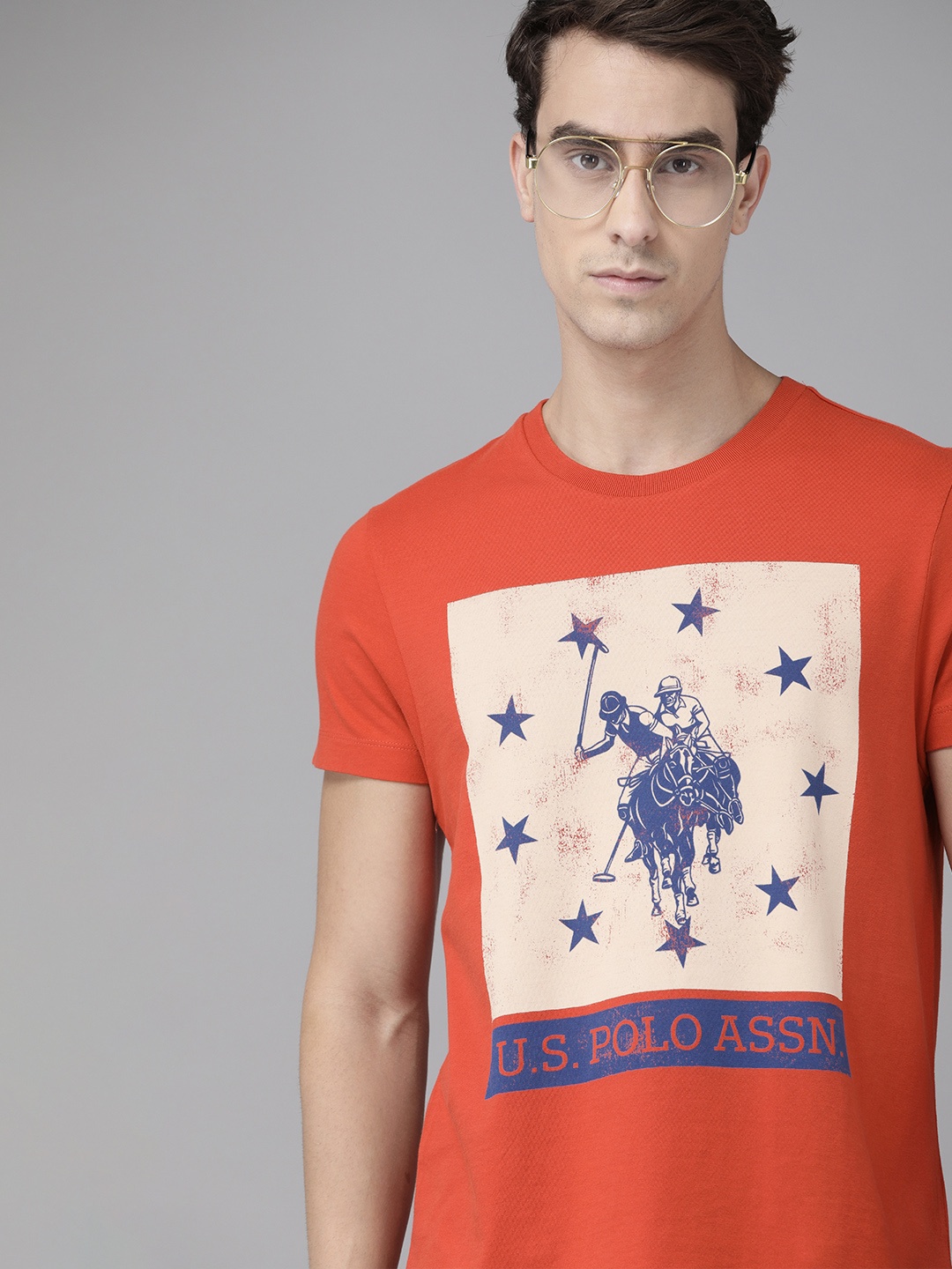 

U.S. Polo Assn. Denim Co. Men Orange Printed Round Neck Pure Cotton T-shirt