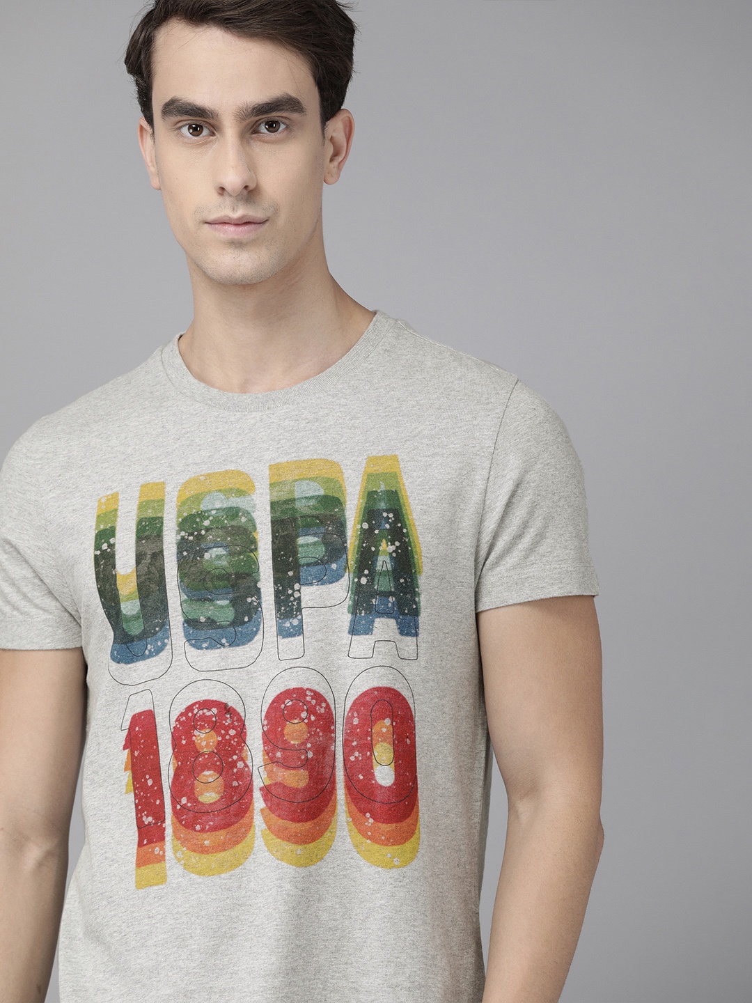 

U.S. Polo Assn. Denim Co. Men Grey Melange Green Printed Round Neck Pure Cotton T-shirt