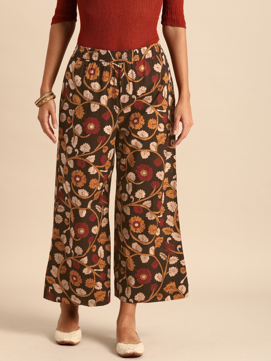 

Rajnandini Women Multicoloured Kalamkari Print Pure Cotton Straight Palazzos, Multi