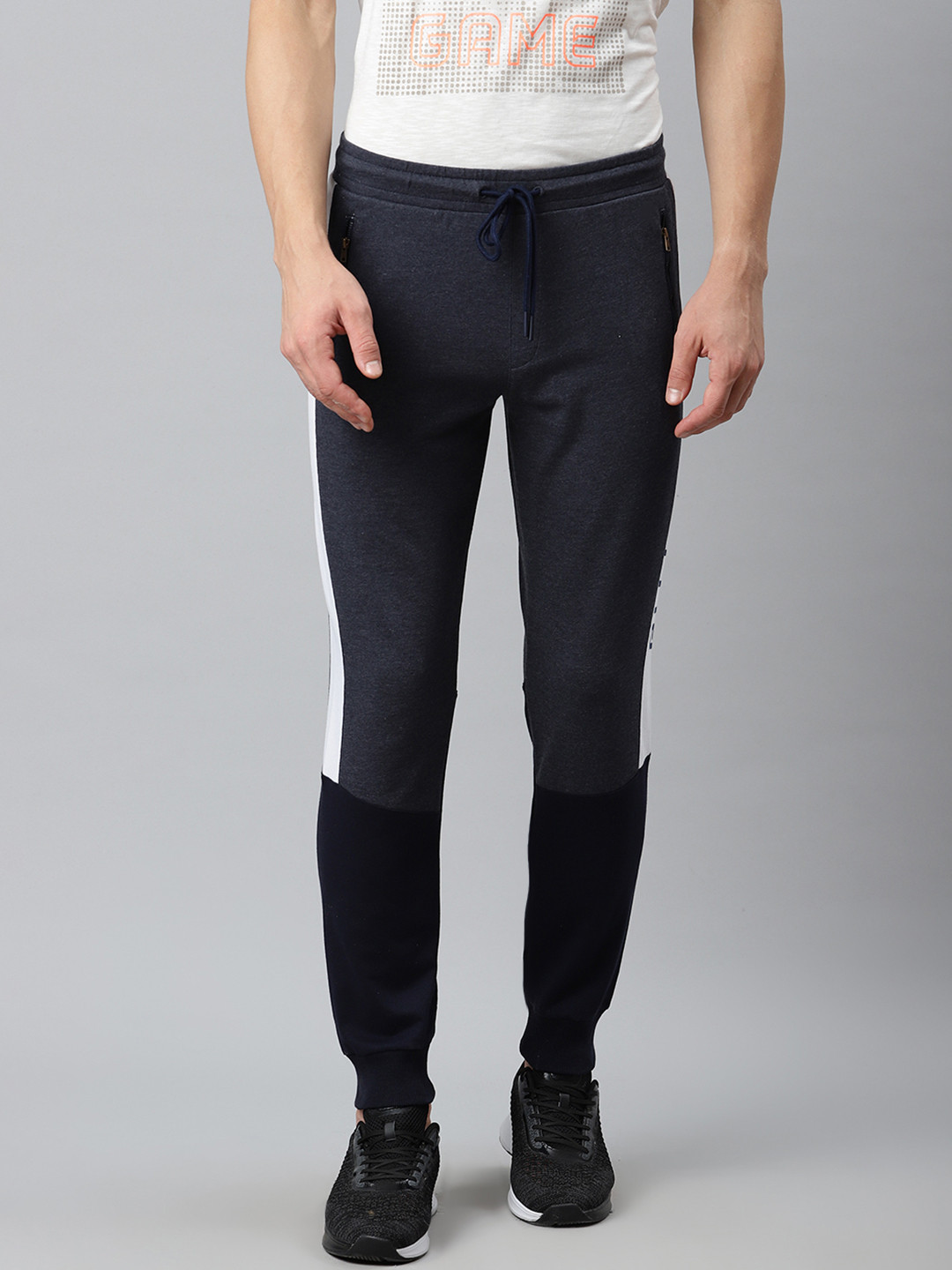 

Alcis Men Navy Blue & Black Colourblocked Slim Fit Joggers