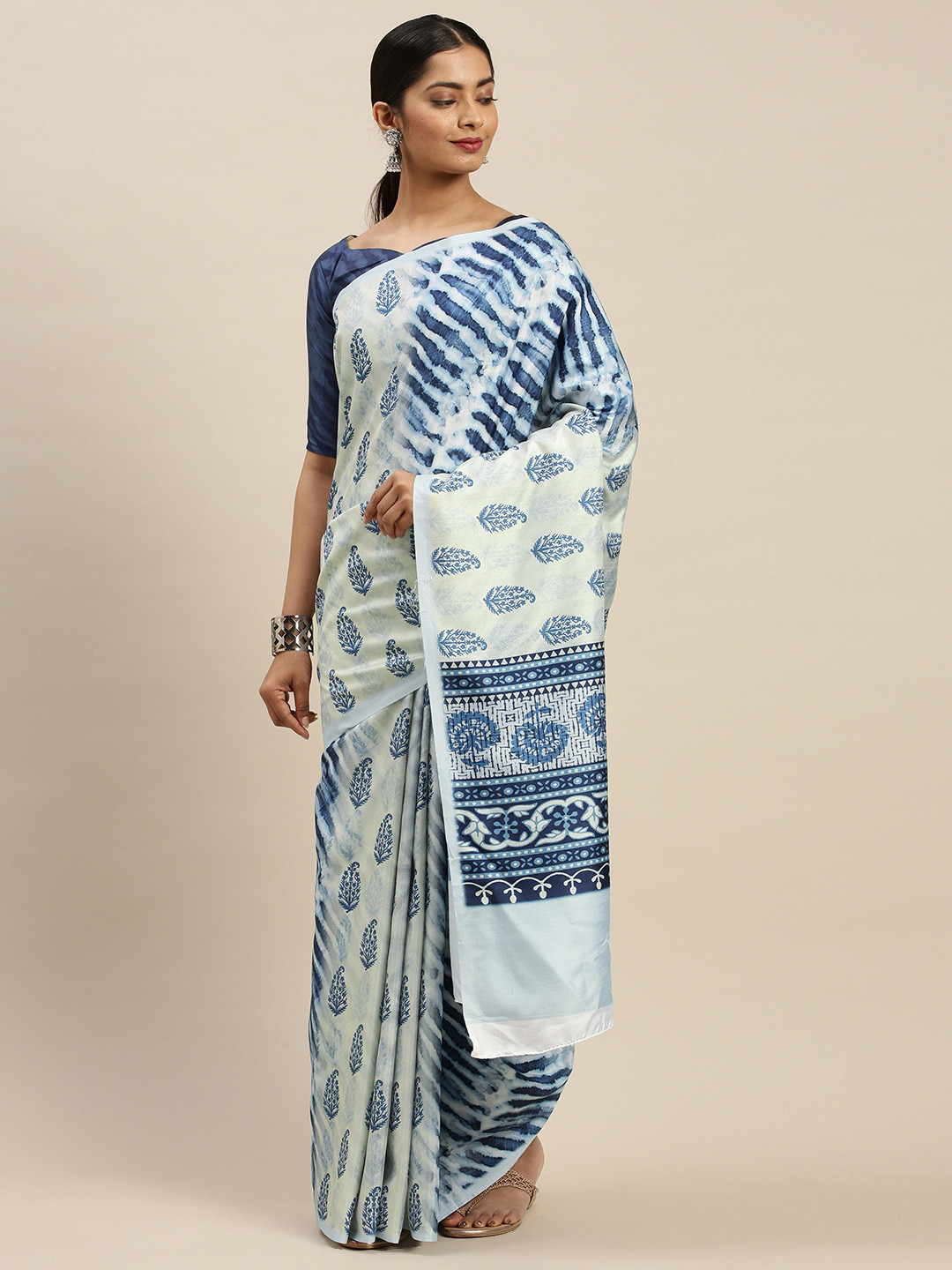 

Mitera Blue Ethnic Motifs Print Bagru Saree