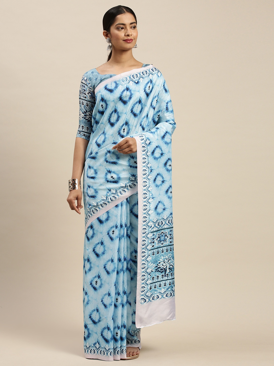 

Mitera Blue & Off-White Ethnic Motifs Print Bagru Saree
