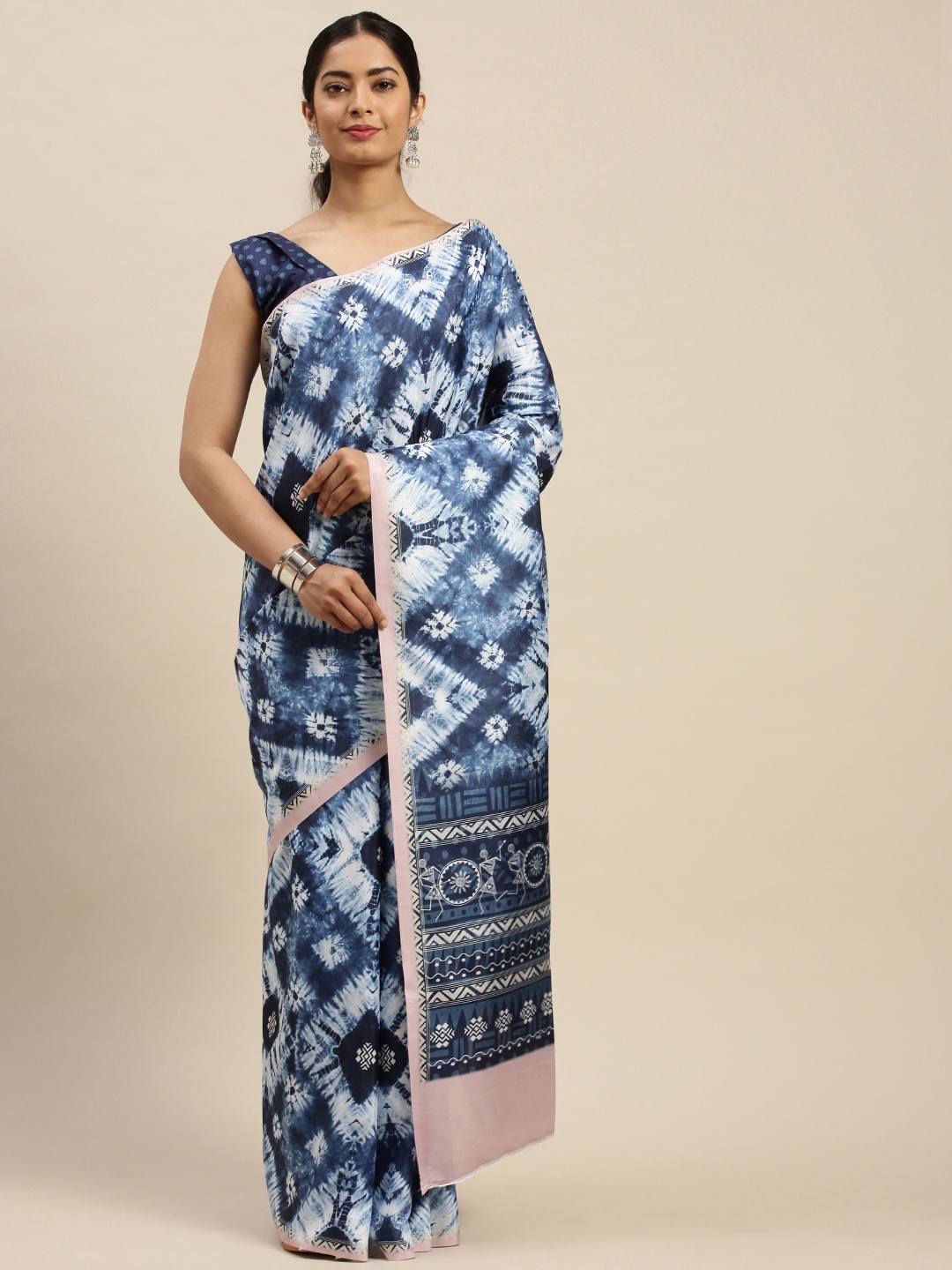 

Mitera Blue & Beige Geometric Patterned Tie and Dyed Saree