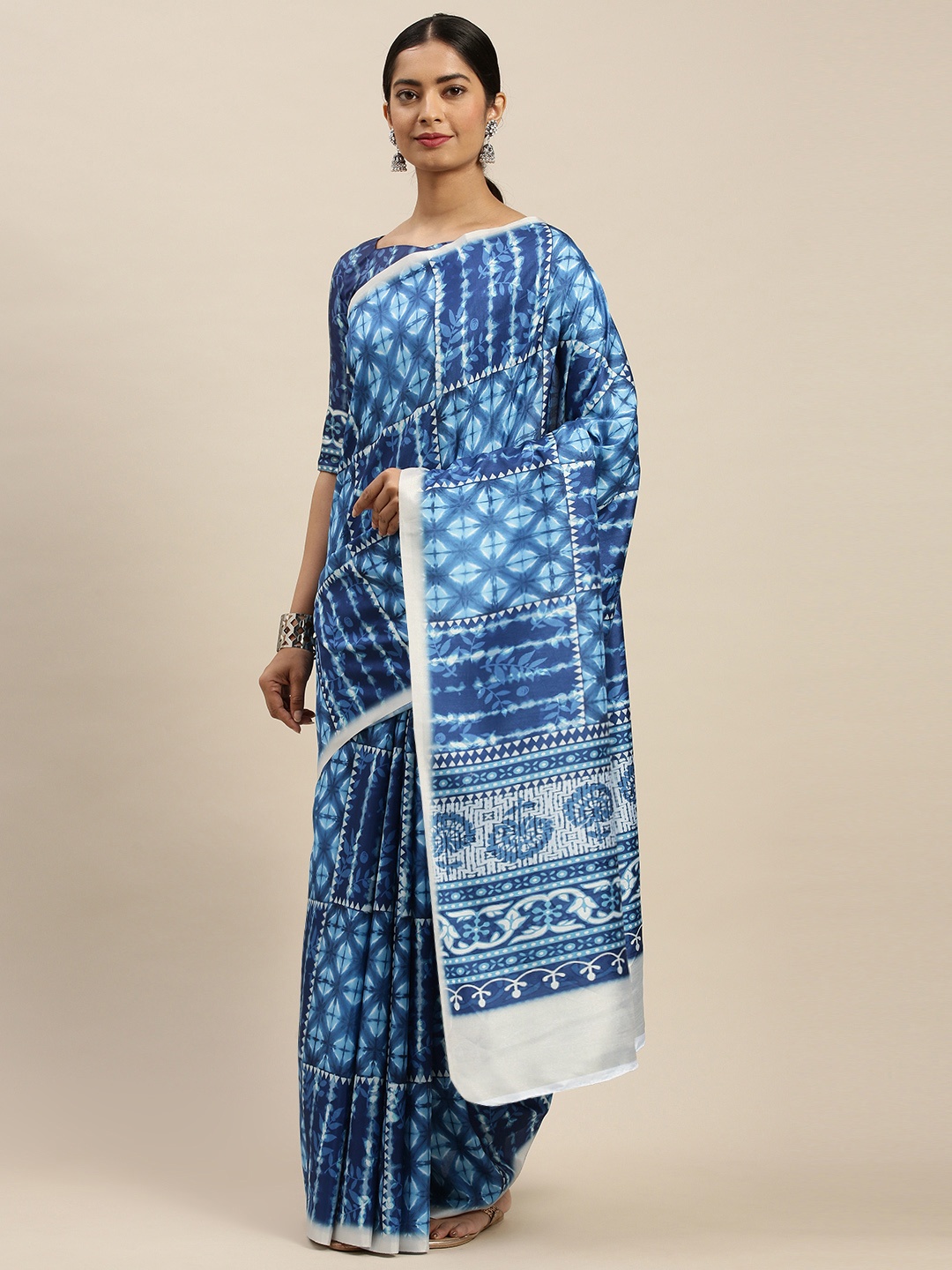 

Mitera Blue Tie and Dye Patterned Block Print Saree