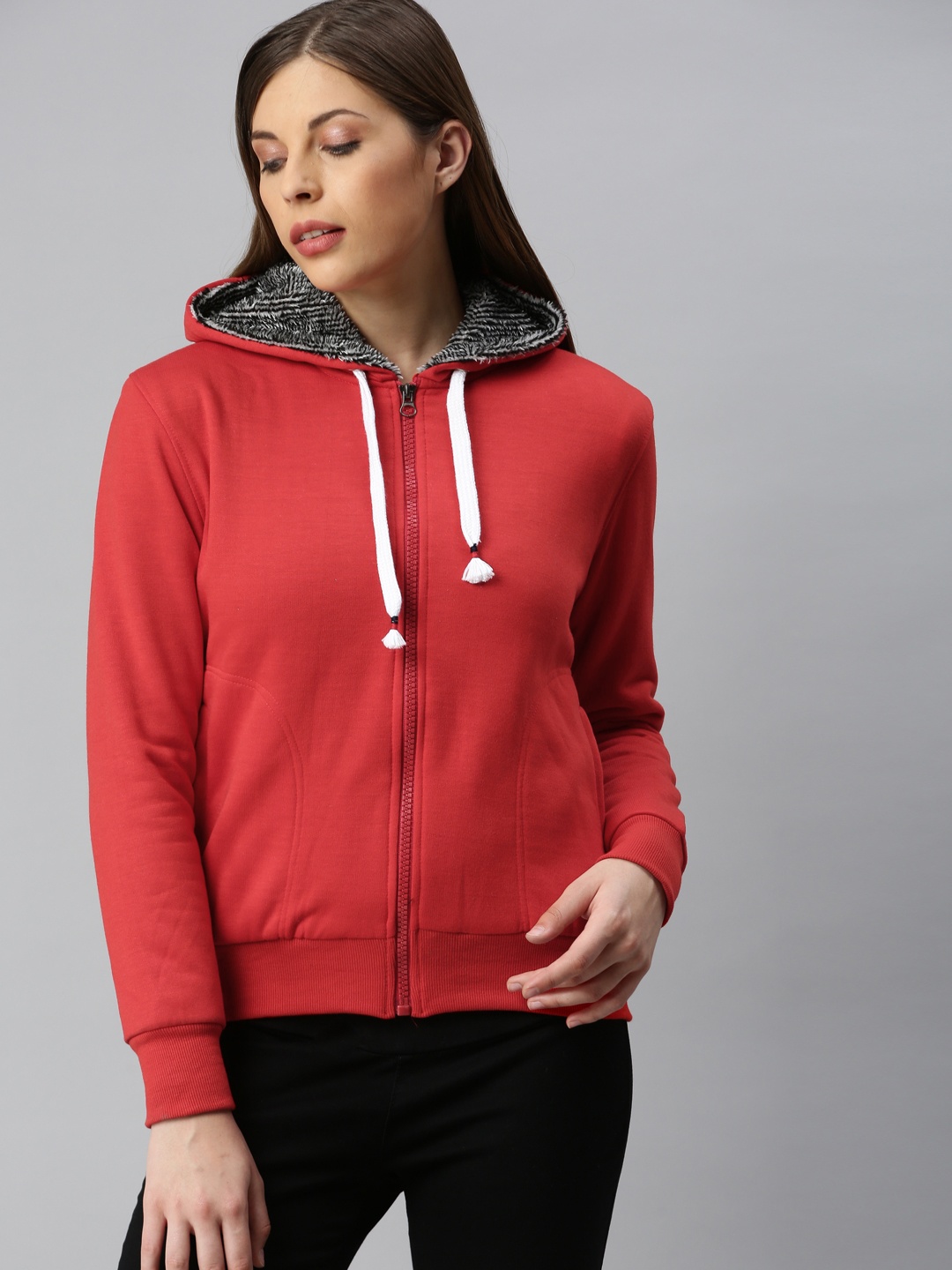 

ADBUCKS Women Red Solid Hooded Sweatshirt