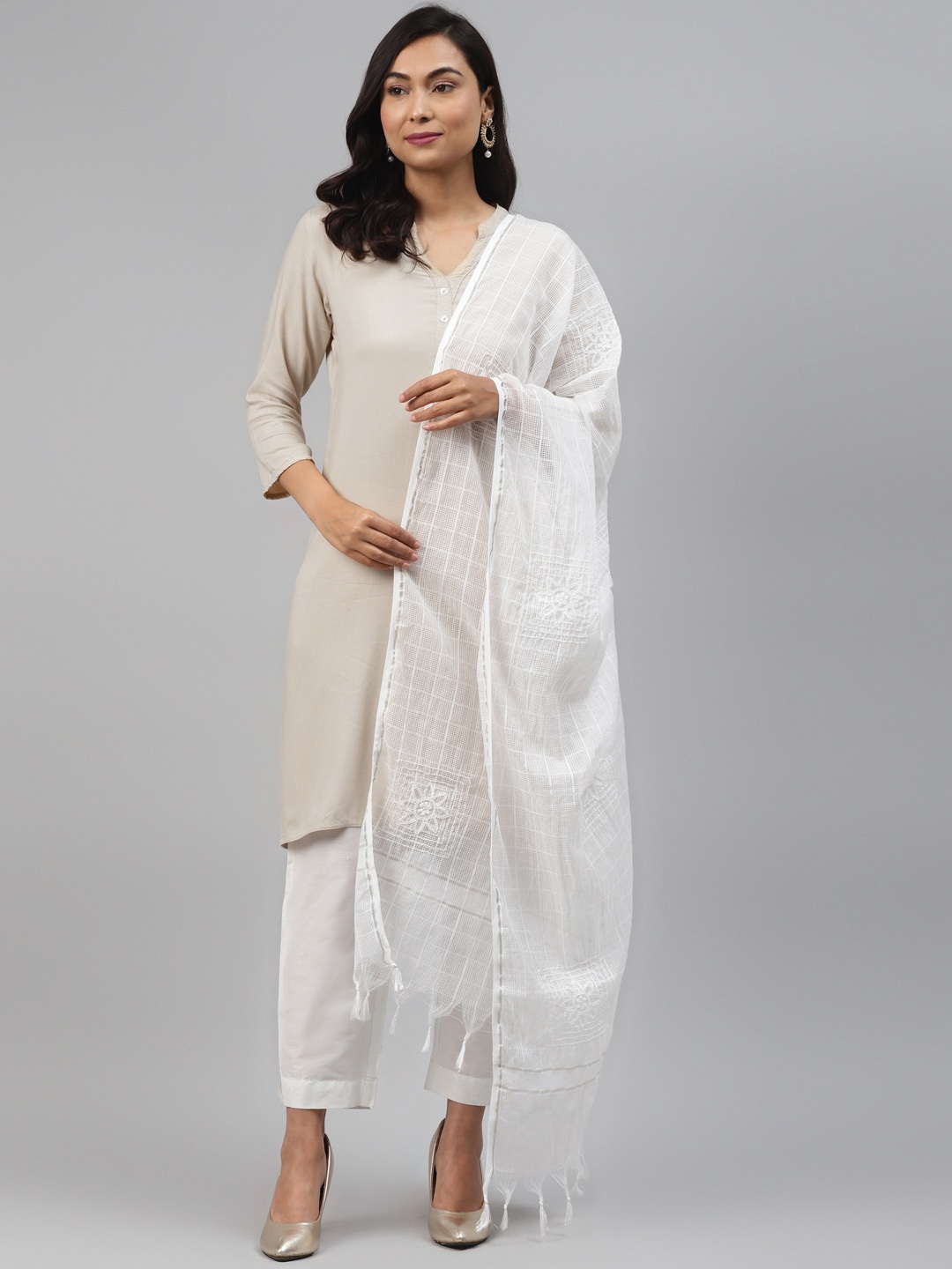 

ADA White Hand Chikankari Embroidered Kota Dupatta