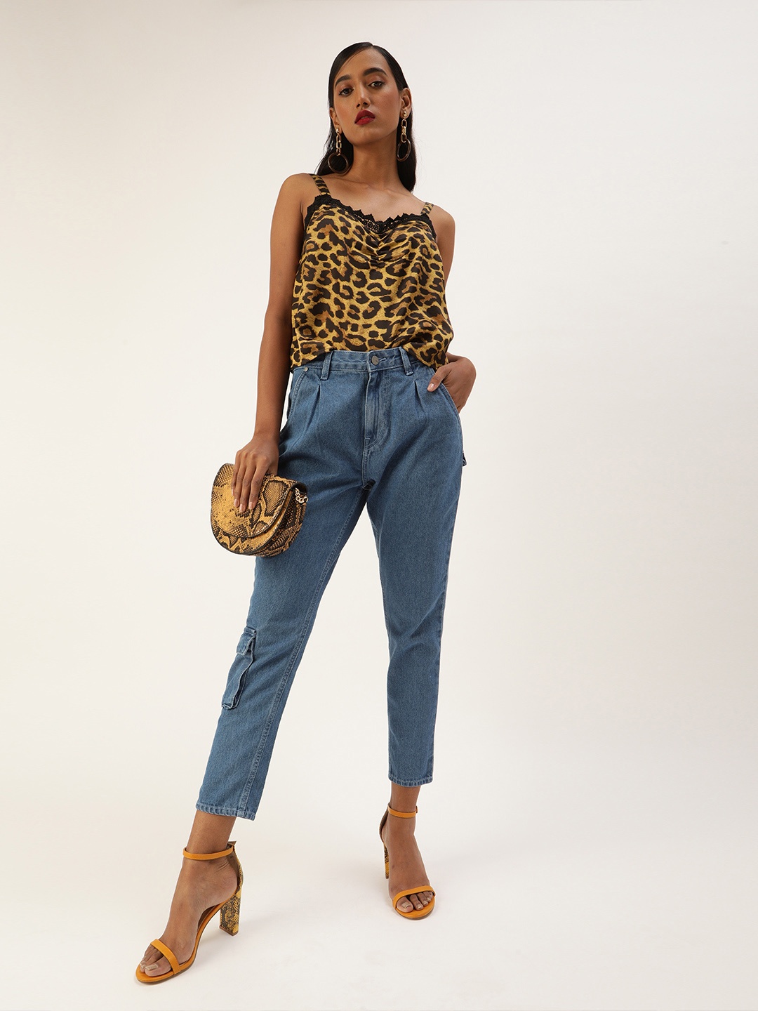 

Antheaa Women Yellow & Black Animal Printed Regular Top with Lace Inserts