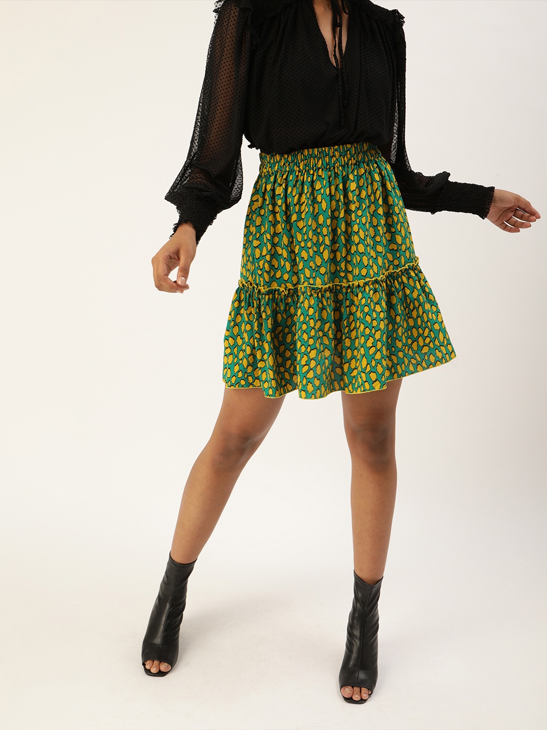 

Antheaa Women Teal Green & Yellow Animal Printed Tiered Skirt