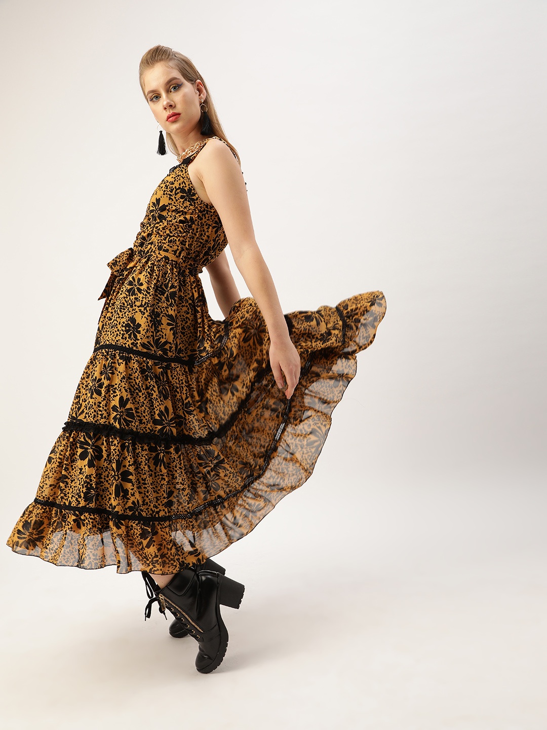 

Antheaa Women Black Floral Printed Fit and Flare Tiered Dress