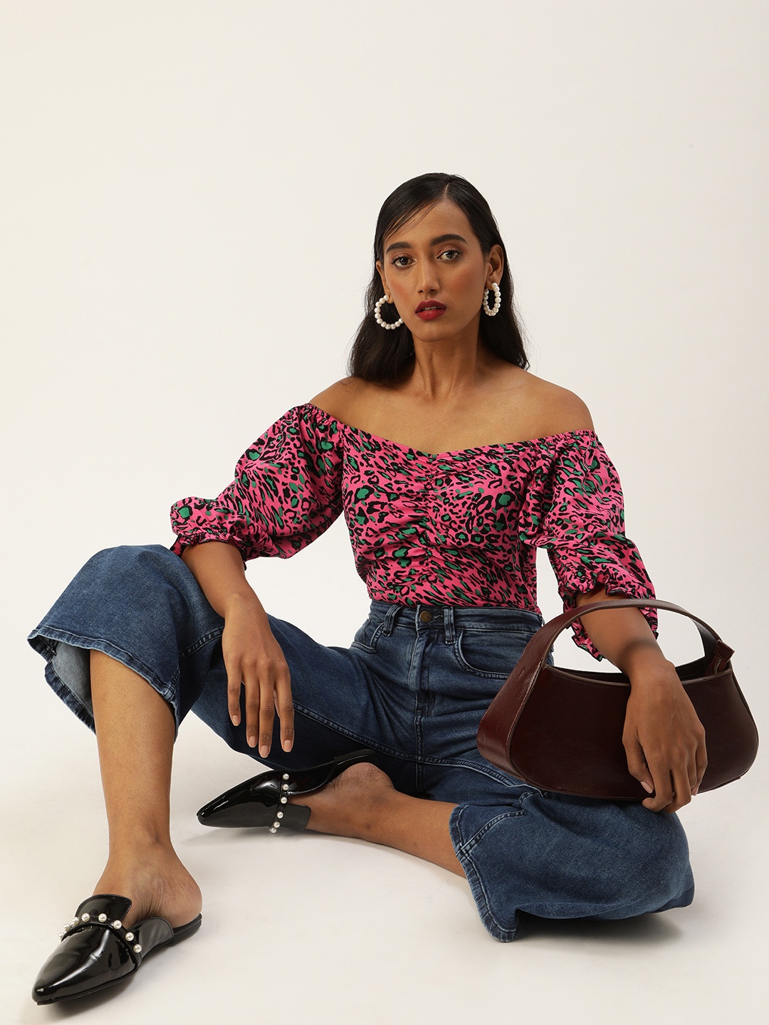 

Antheaa Pink & Black Printed Off-Shoulder Puff Sleeves Crepe Bardot Top