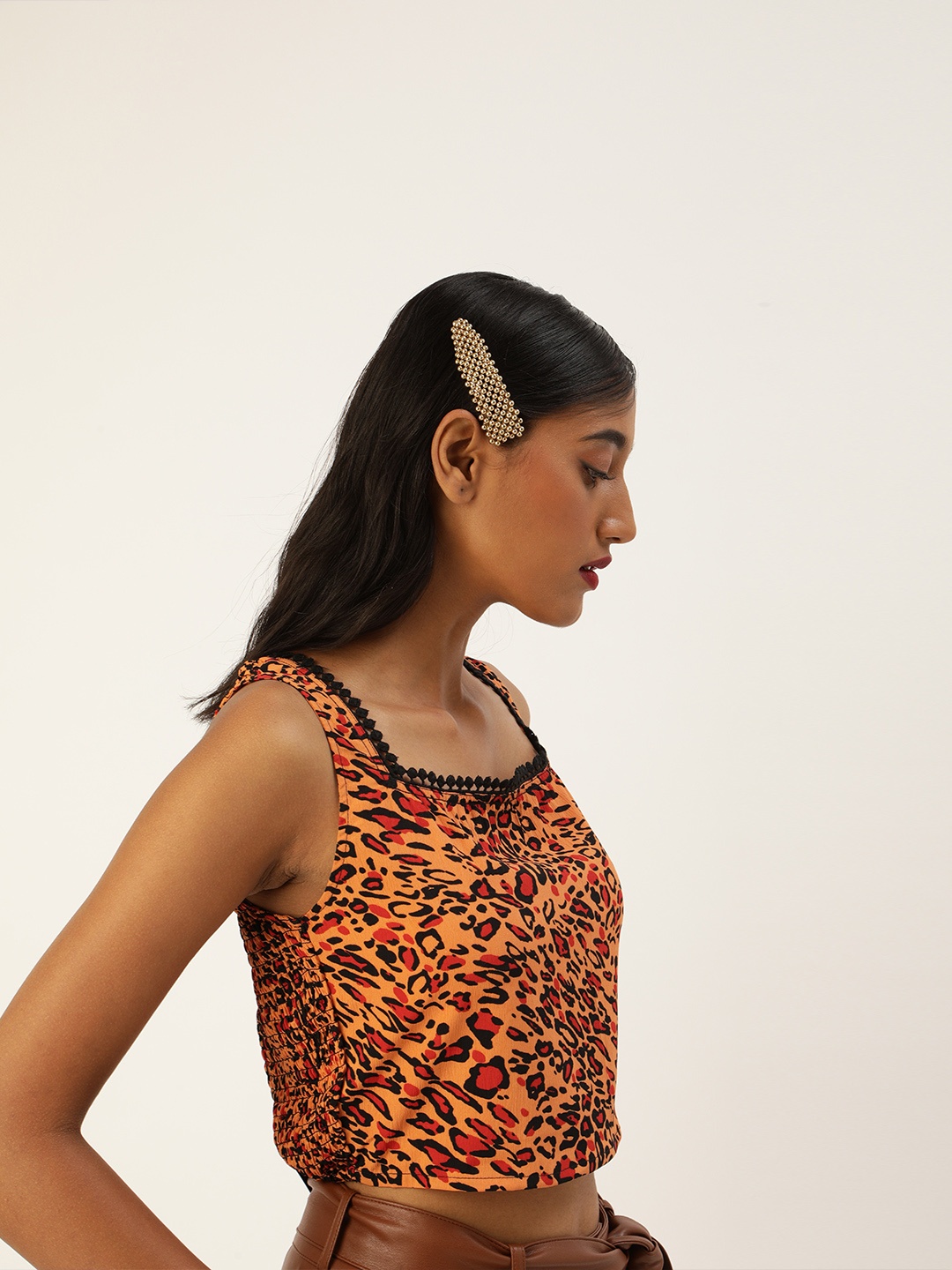 

Antheaa Orange & Black Animal Printed Crepe Regular Crop Top with Smocked Detail