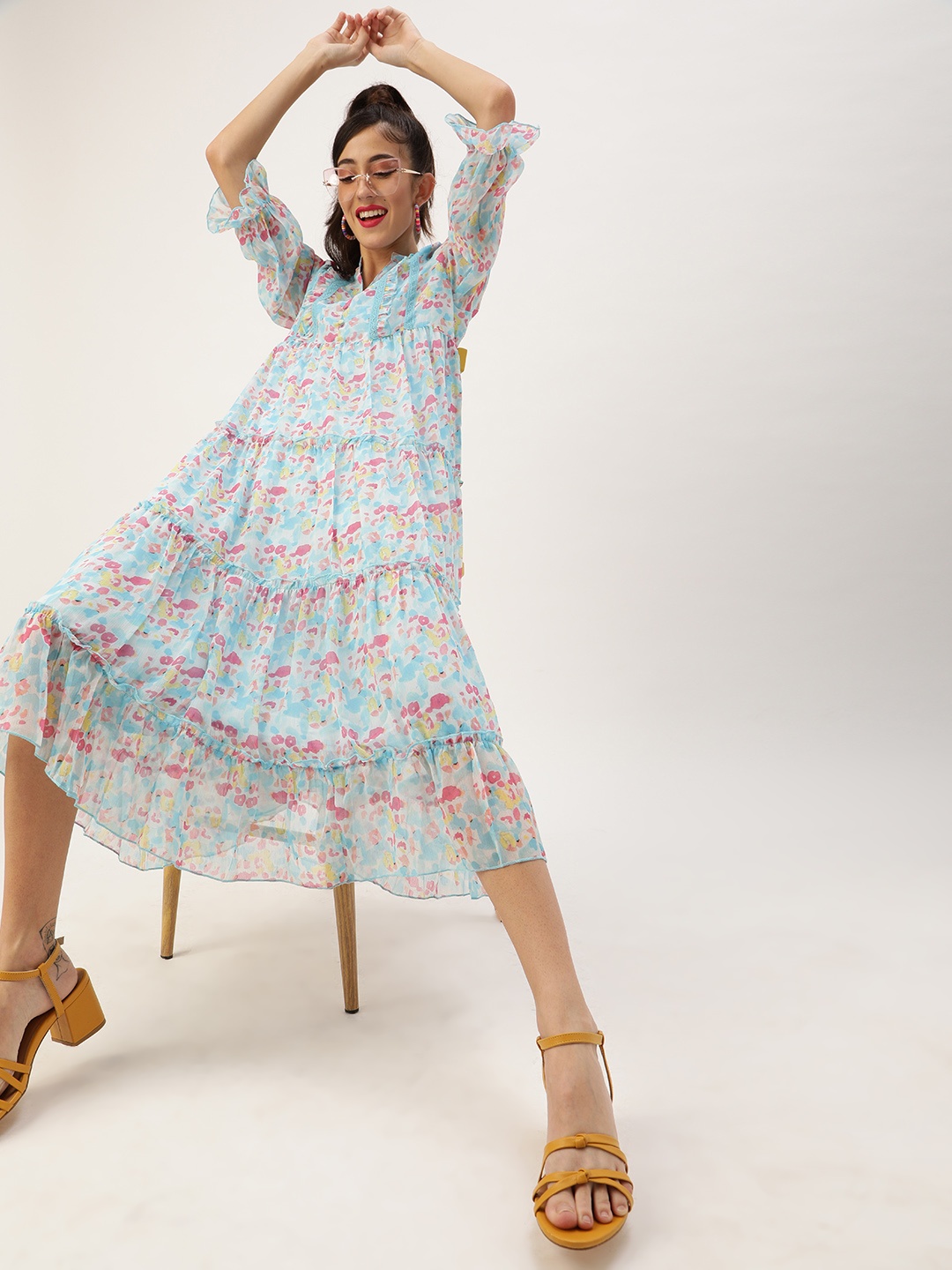 

Antheaa Women Blue & Pink Printed A-Line Tiered Midi Dress