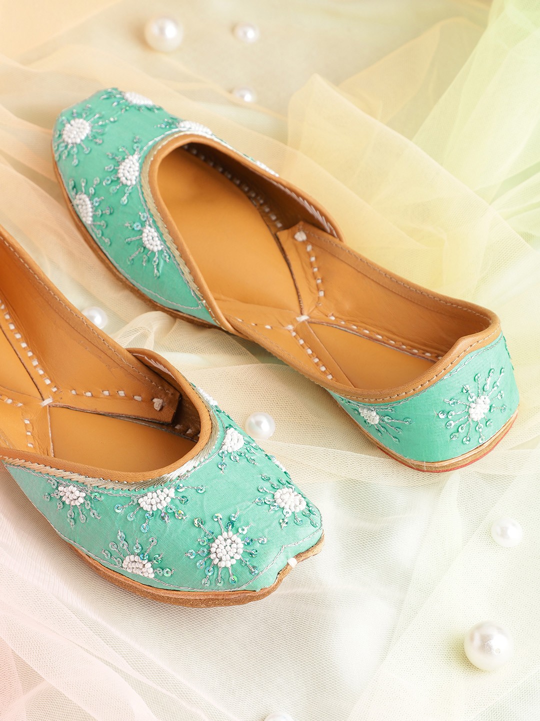 

House of Pataudi Women Sea Green & White Embellished Handcrafted Mojaris