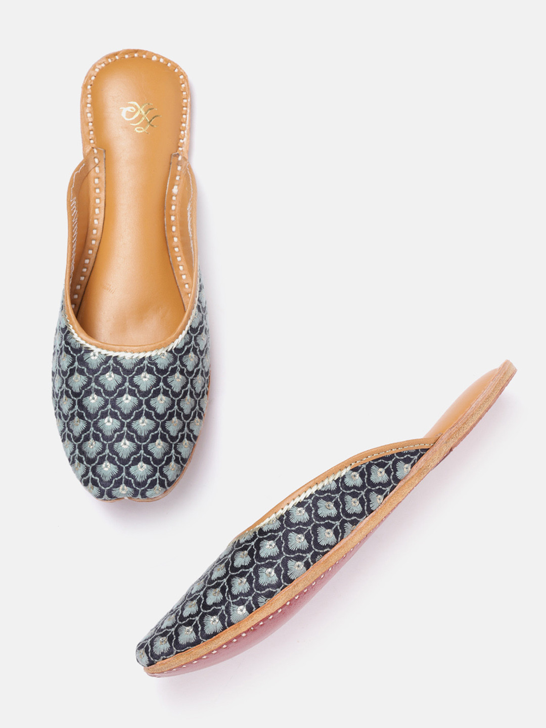 

House of Pataudi Women Navy Blue Embroidered Mojaris