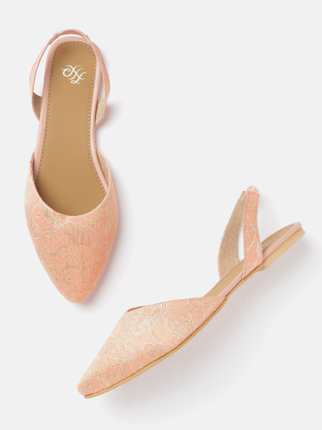 

House of Pataudi Women Peach-Coloured & Golden Embroidered Pointed Toe Flats