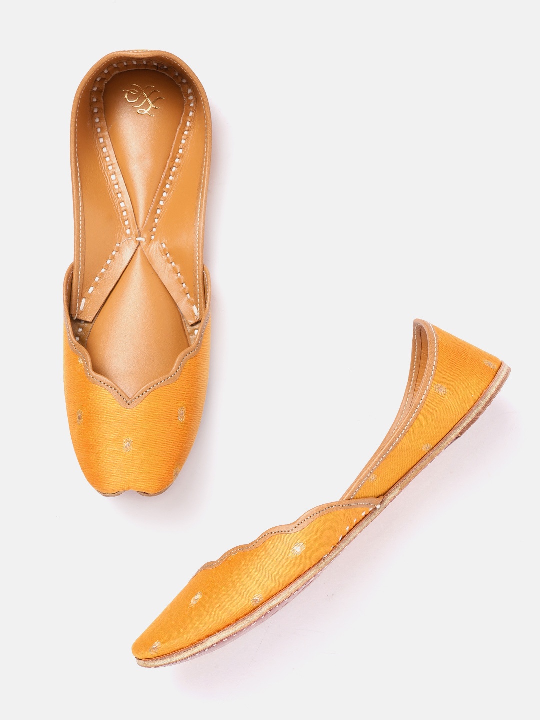 

House of Pataudi Women Mustard Yellow & Gold-Toned Woven Design Mojaris