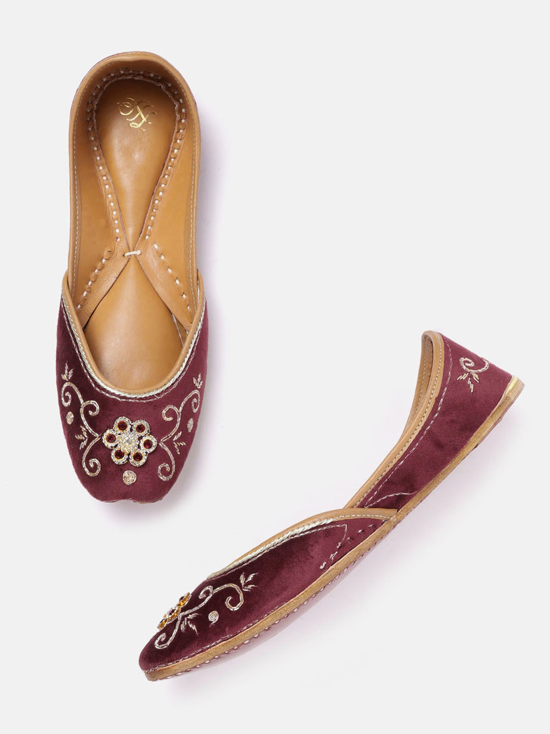 

House of Pataudi Women Burgundy & Gold-Toned Embellished Mojaris