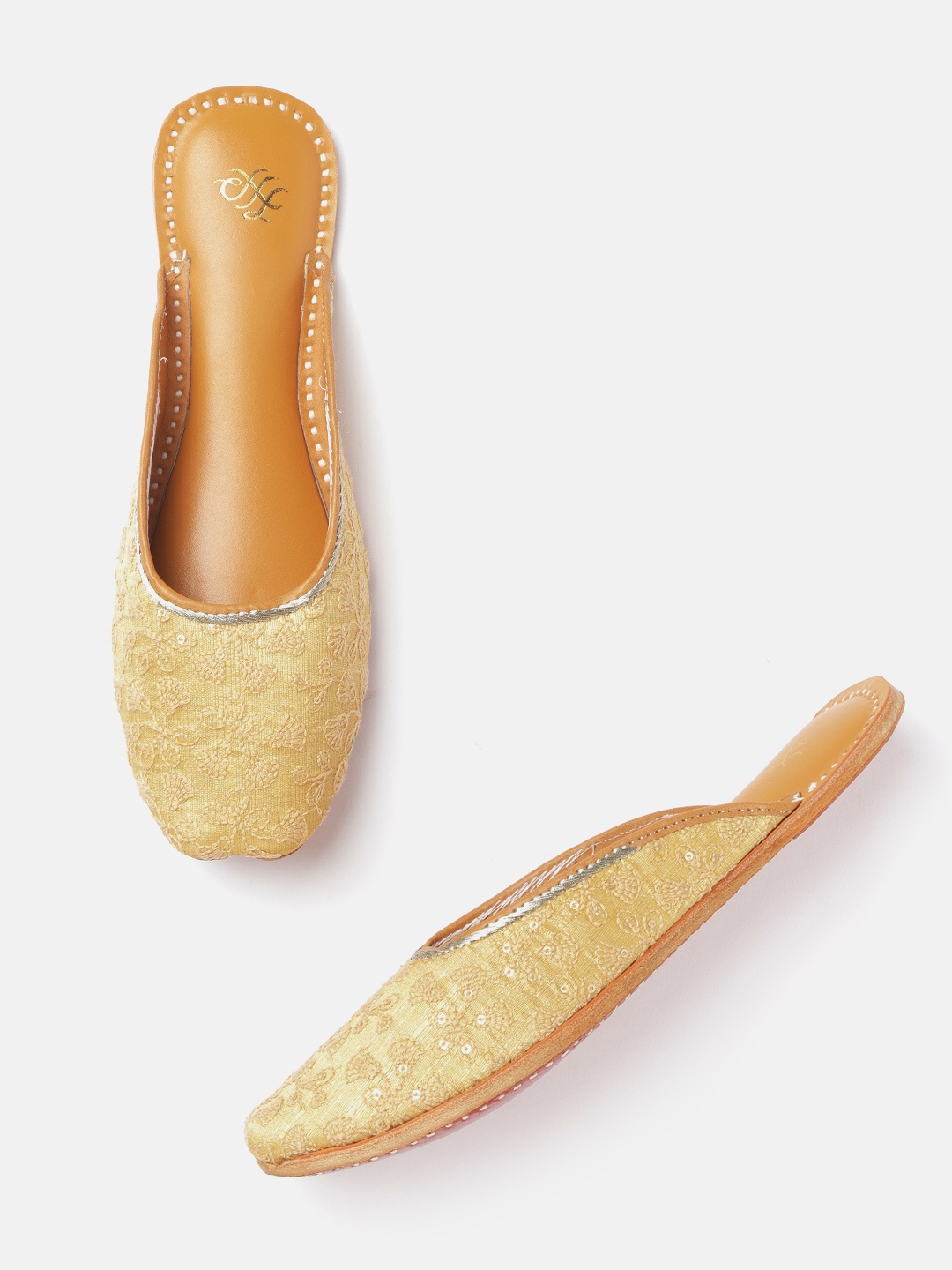 

House of Pataudi Women Gold-Toned & Beige Embroidered Mules