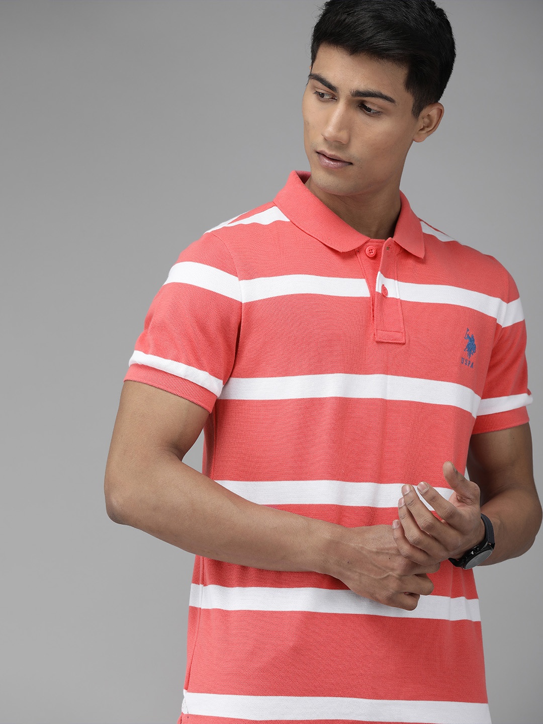 

U.S. Polo Assn. Men Pink White Striped Round Neck Pure Cotton T-shirt