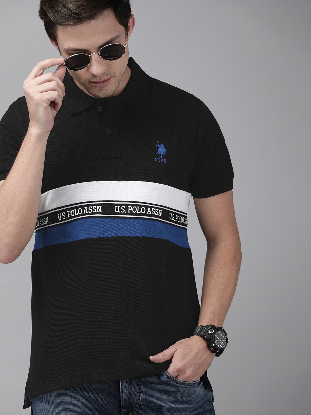 

U.S. Polo Assn. Men Black White Striped Round Neck Pure Cotton T-shirt
