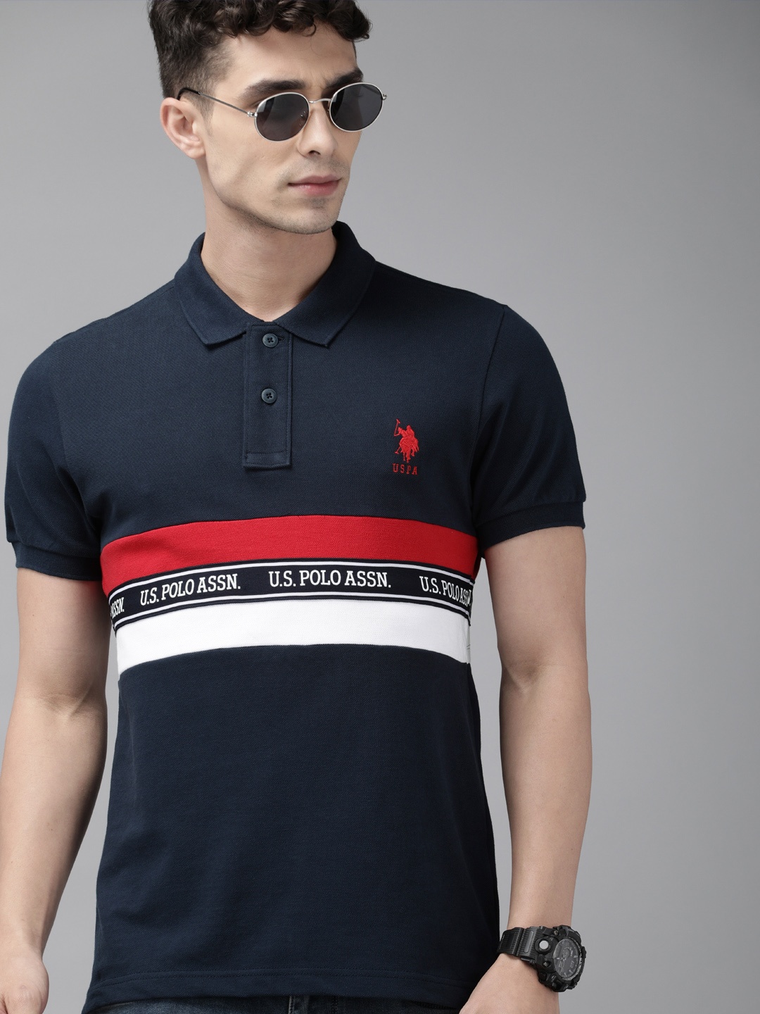 

U.S. Polo Assn. Men Navy Blue Red Striped Round Neck Pure Cotton T-shirt