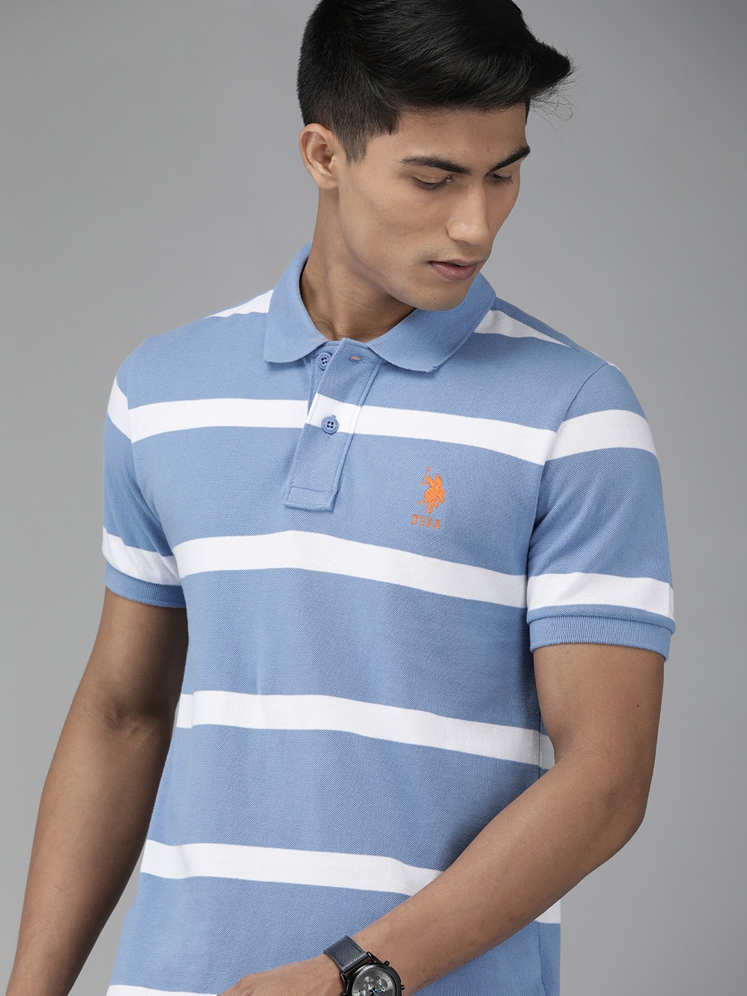 

U.S. Polo Assn. Men Blue Striped Round Neck Pure Cotton T-shirt