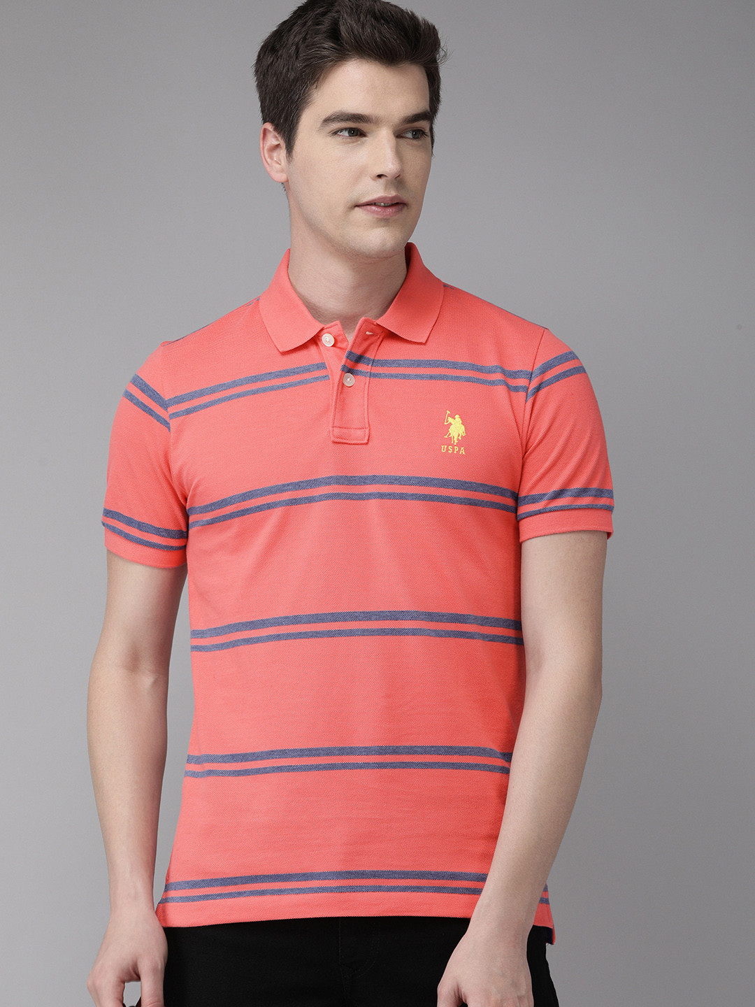 

U.S. Polo Assn. Men Pink Blue Striped Polo Collar Pure Cotton T-shirt