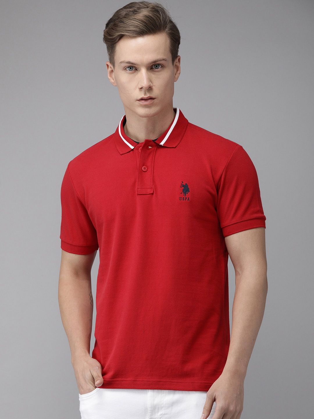 

U.S. Polo Assn. Men Red Solid Polo Collar Pure Cotton T-shirt