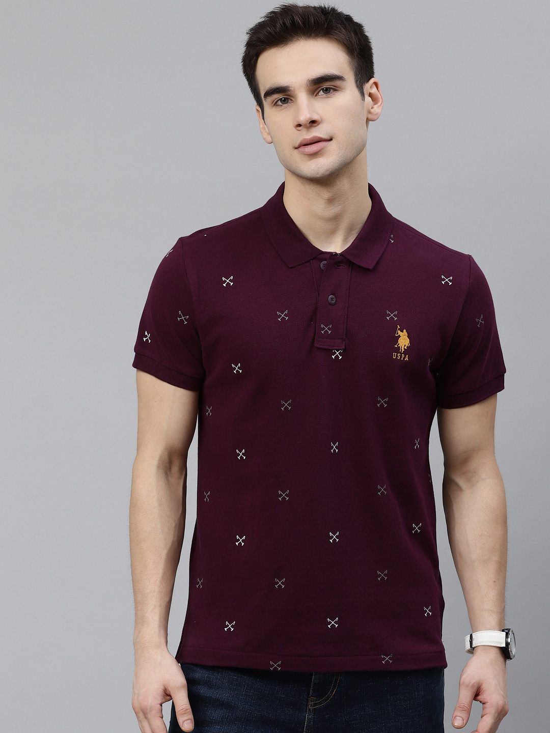 

U.S. Polo Assn. Men Burgundy & White Printed Pure Cotton Polo T-shirt