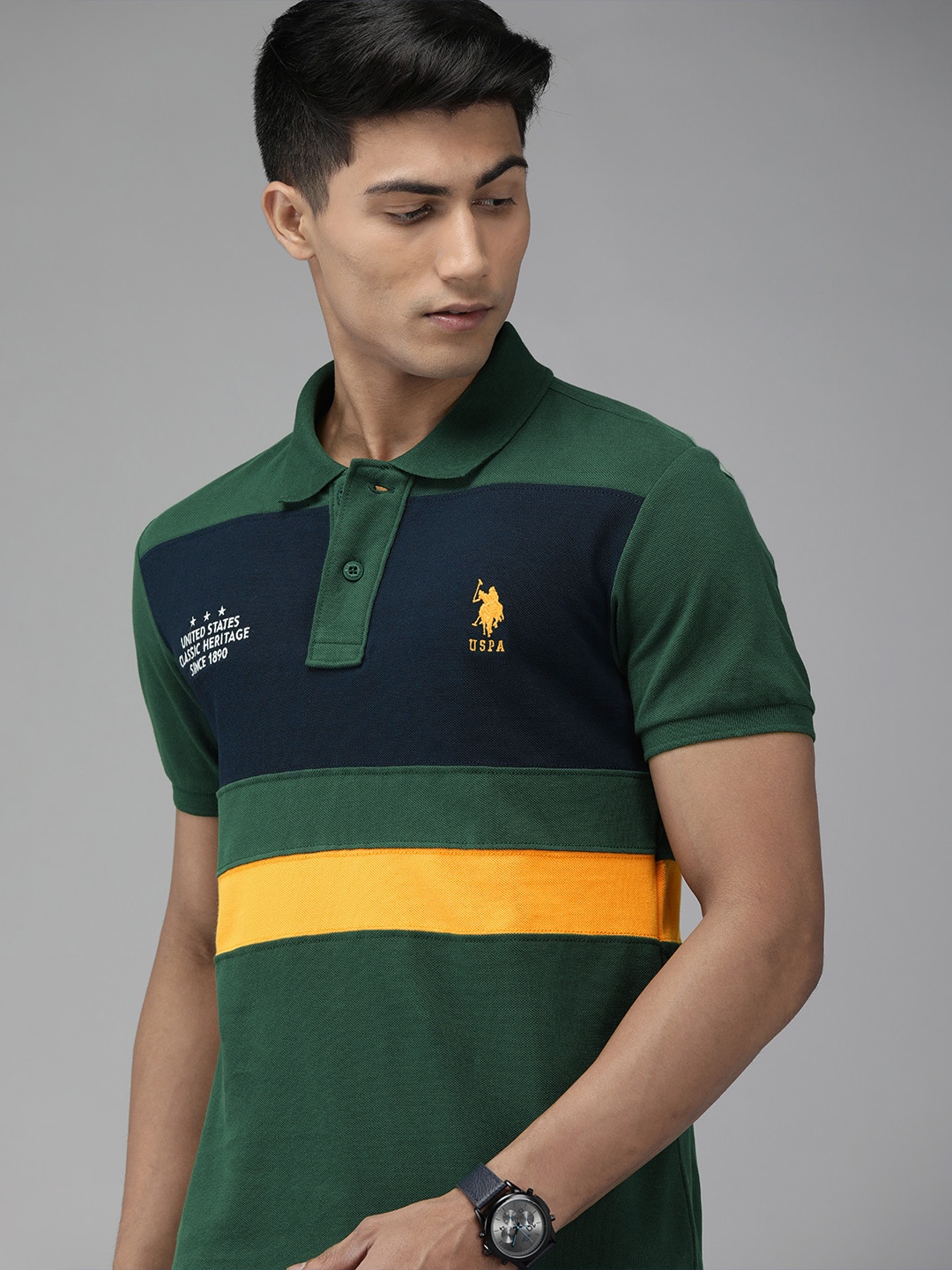 

U.S. Polo Assn. Men Green Navy Blue Colourblocked Round Neck Pure Cotton T-shirt