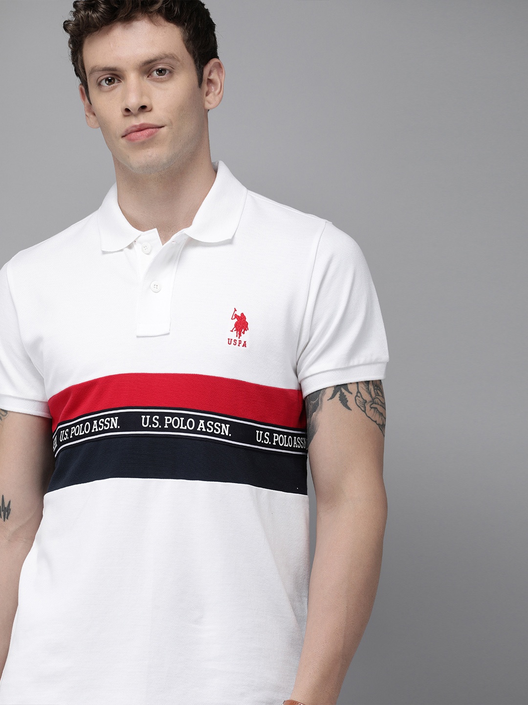 

U.S. Polo Assn. Men White Red Striped Round Neck Pure Cotton T-shirt